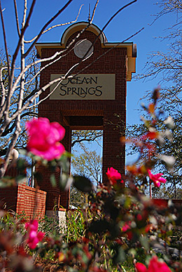 Biloxi Ocean Springs sign with flowers