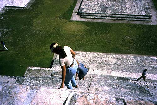 Descending the pyramid at edzna