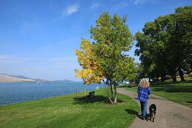 Walker with dog alongside Montana lake