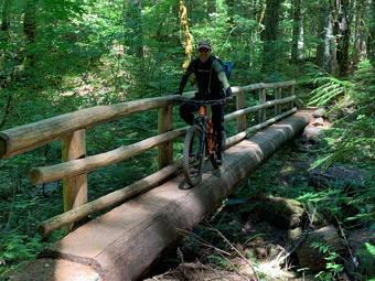 McKenzie River, Oregon, bicyclist on a narrow bridge